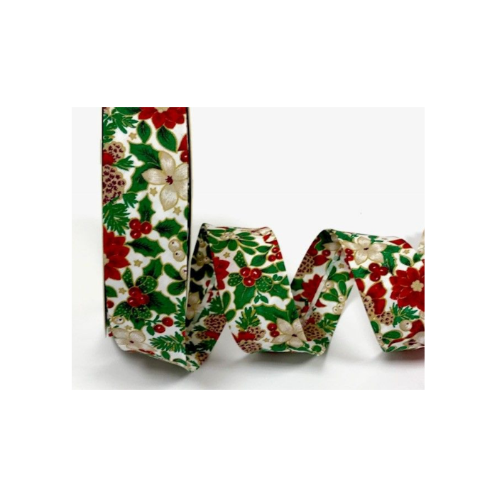 18mm White Christmas Poinsettia Print Bias Binding